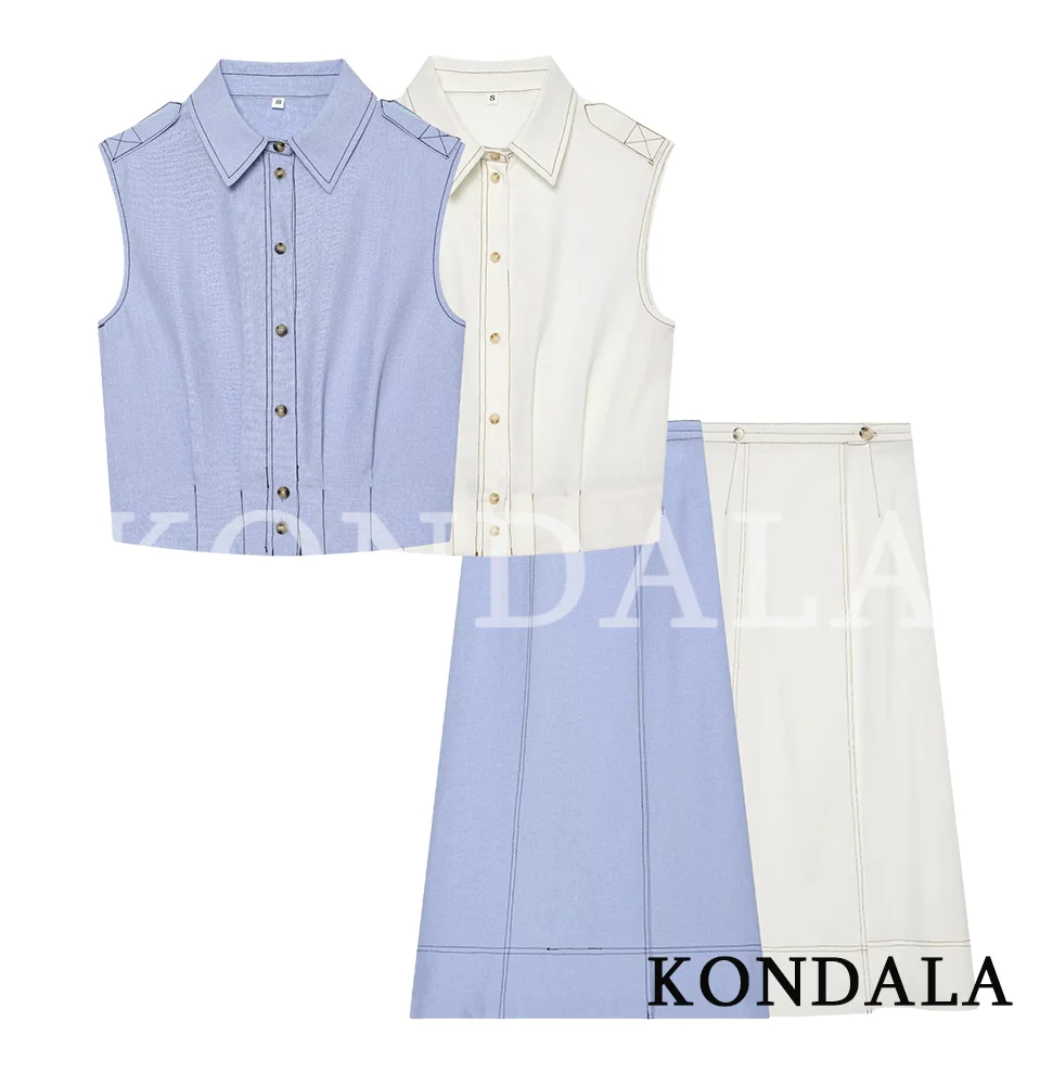 KONDALA Women Chic Elegant Skirt Set 2026 Spring Summer Trendy Casual Line-Trim Set Female Buttons Sleeveless Vest, Midi Skirts