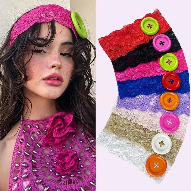 Vintage Damen Bunter Übergroßer Knopf-Spitzen-Haarreif Spicy Girl Y2K Japanischer Trendiger Haarreif Süßer Cooler Sport-Yoga-Haarreif – Detail 7