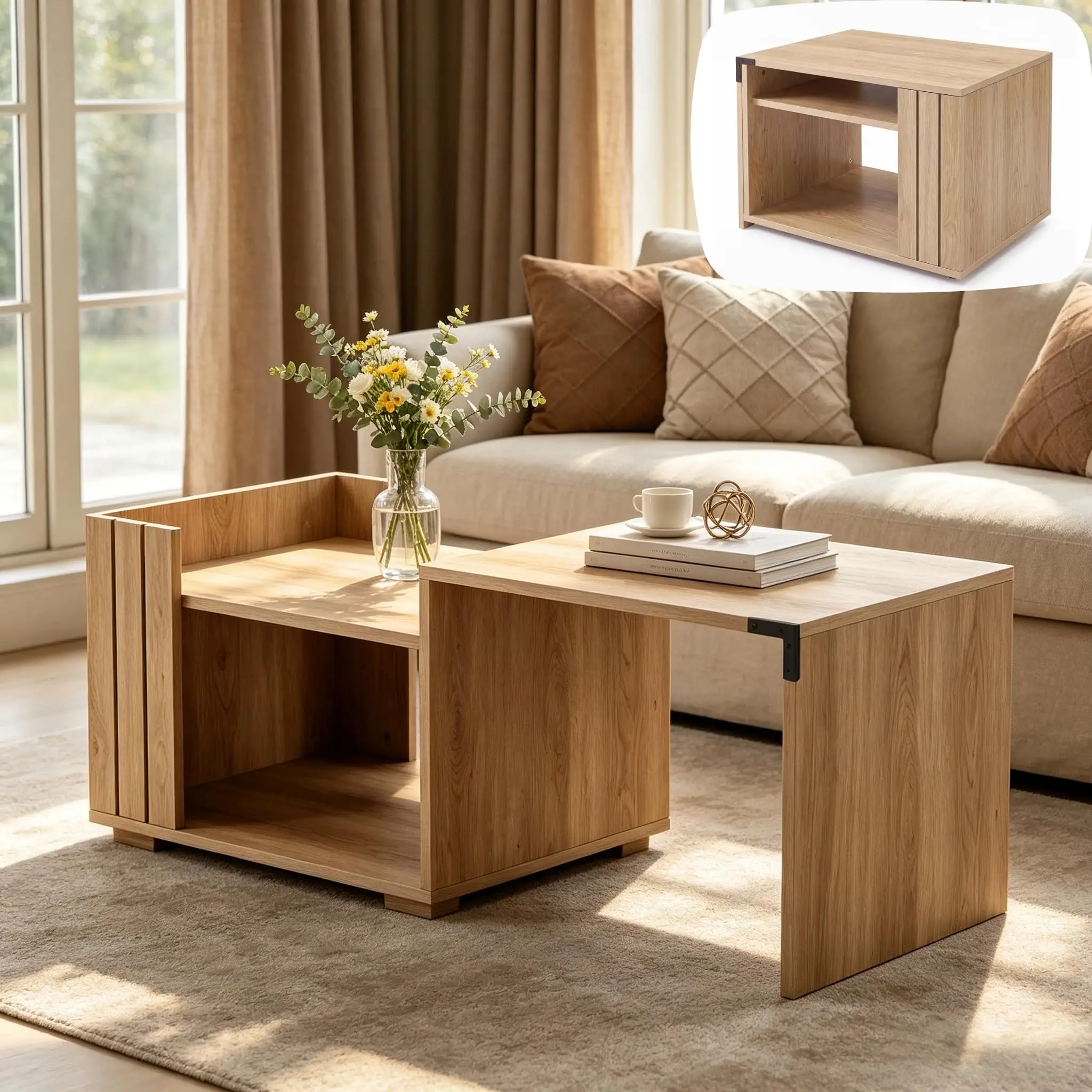 Expandable Coffee Table With Hidden Storage, Modern Rectangular Center Table For Living Room Apartment, Adjustable Wood Look