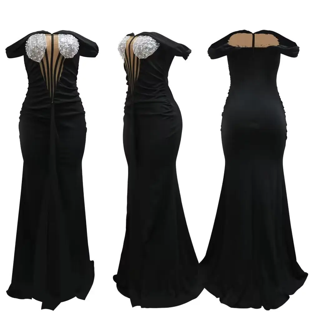 Abito nero con una spalla di paillettes 2023 abiti da sera aderenti da festa Sexy donna estate elegante lusso Maxi fessura abiti lunghi in rete