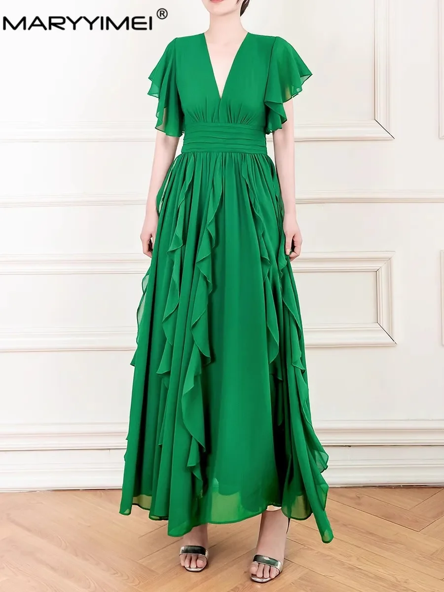 MARYYIMEI créateur de mode été femmes robe col en v manches papillon mince taille haute élégant volants robes vertes