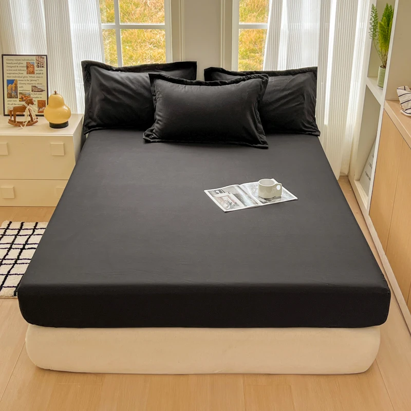 1Pc Fitted Bed Sheet with Elastic Band Solid Color Anti-slip Adjustable Mattress Cover for Single Double King Queen Bed Cover