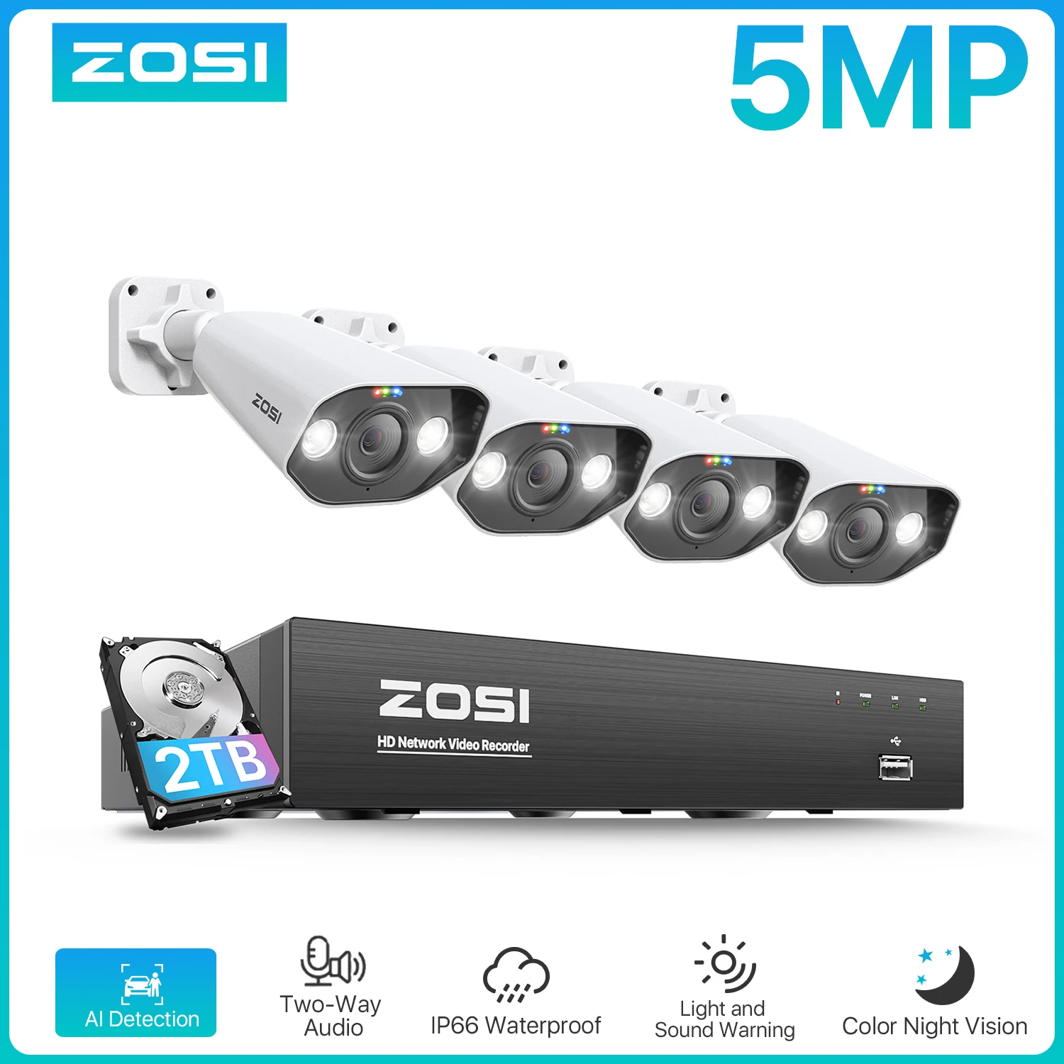 ZOSI 8CH POE Surveillance Kit with Night Vision Cameras