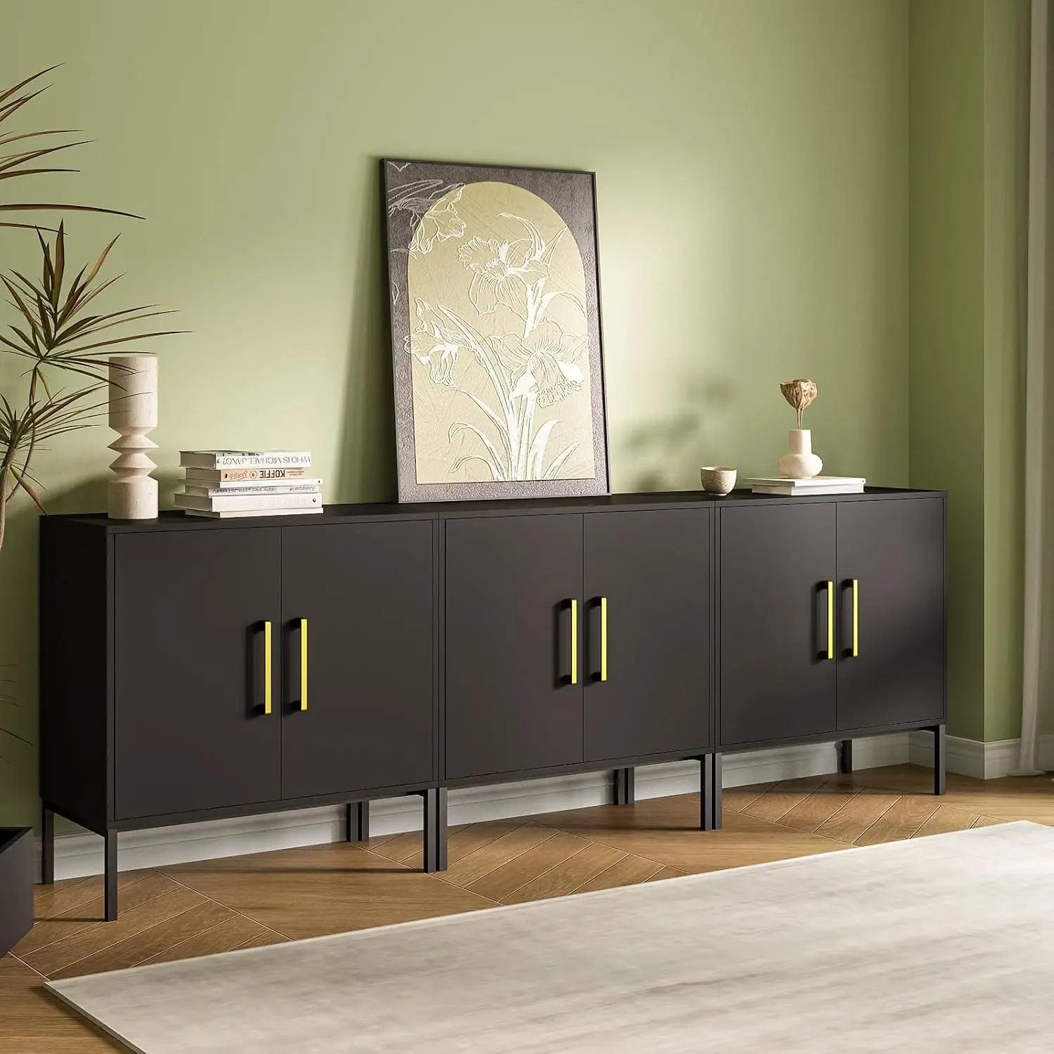 Set of 3 Storage Cabinet, Freestanding Sideboard with Double Doors, Modern Wooden Sideboard, Black Side Cabinets for Bedroom