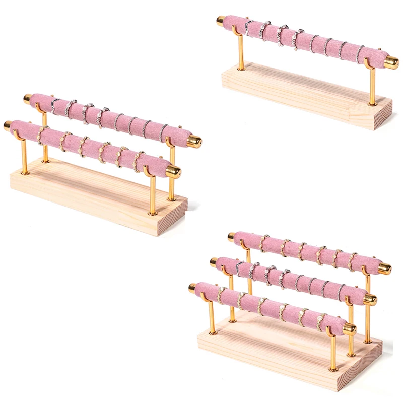 New Solid Wood Pink Velvet Jewelry Display Stand Ring Earrings Bracelet Necklace Watch Pendant Storage Display Stand