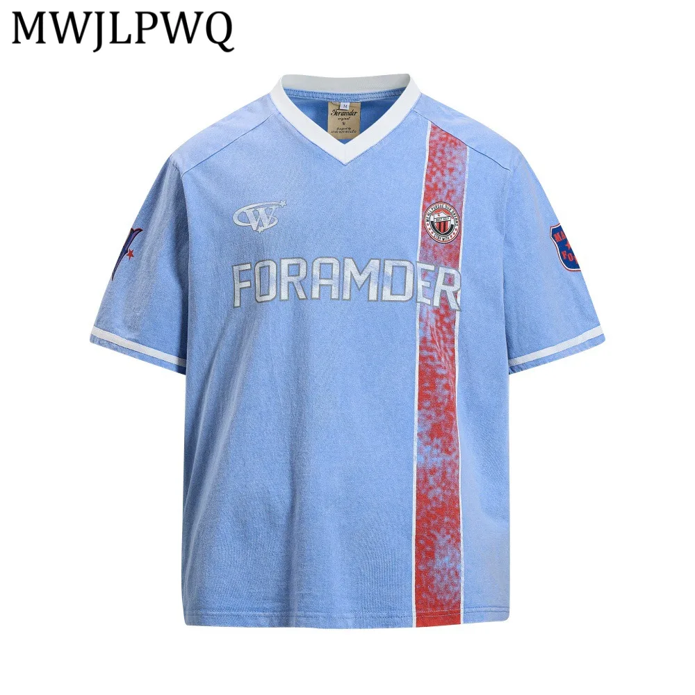 

MWJLPWQ Casual Sports V-Neck Letter Print Short-Sleeve T-Shirt For Men Summer American Trendy Color-Blocking Loose Tops 15374