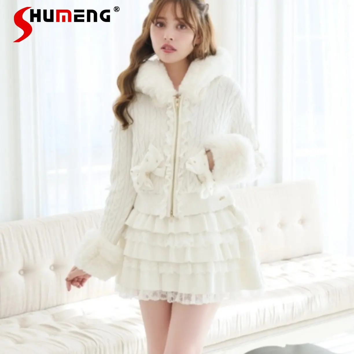 

Japanese Sweet Cute Heart Diamond Zipper Plush Hooded Knitted Cardigan Jacket High Waist Cake Mini Skirt Two-Piece Set for Women