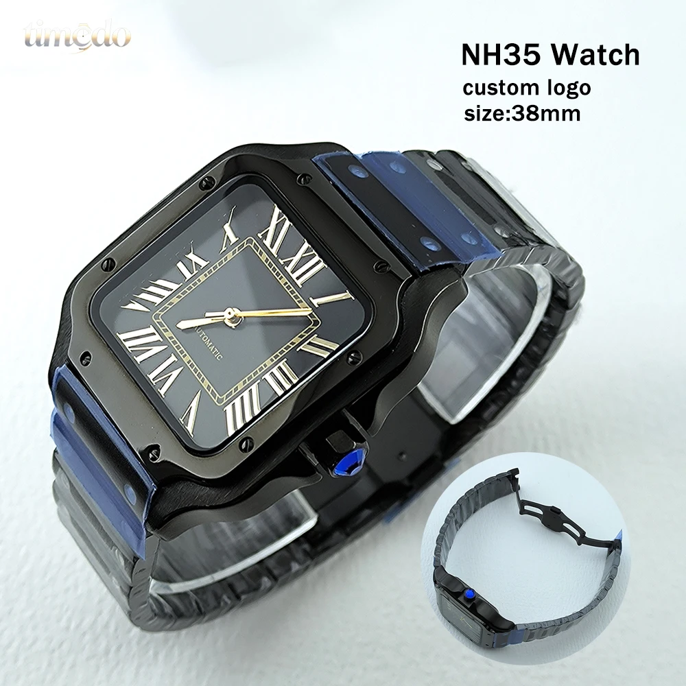 High quality NH35 men's watch black 38mm stainless steel watch automatic watch custom LOGO suitable for NH35 movement watch