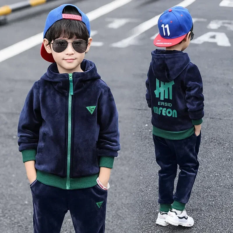 New Double-Sided Plush Boys Clothing Set Autumn Winter Warm Letter Suit For Kids 3-10 Years Children Clothes