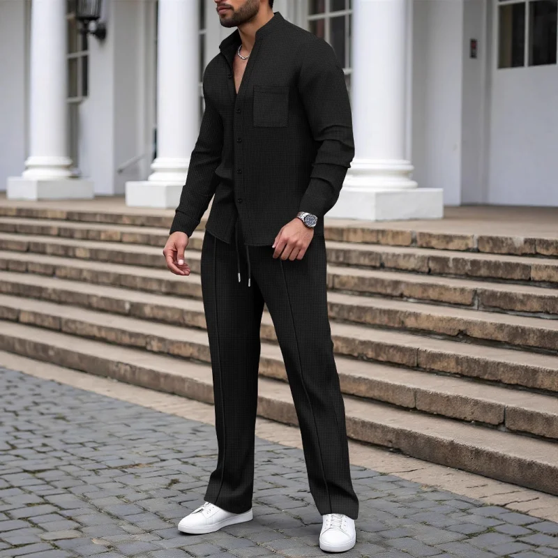 Spring and Autumn Men's Waffle Cardigan Shirt and Pants Set, New Solid Color Stand Collar Long Sleeve 2pcs Set
