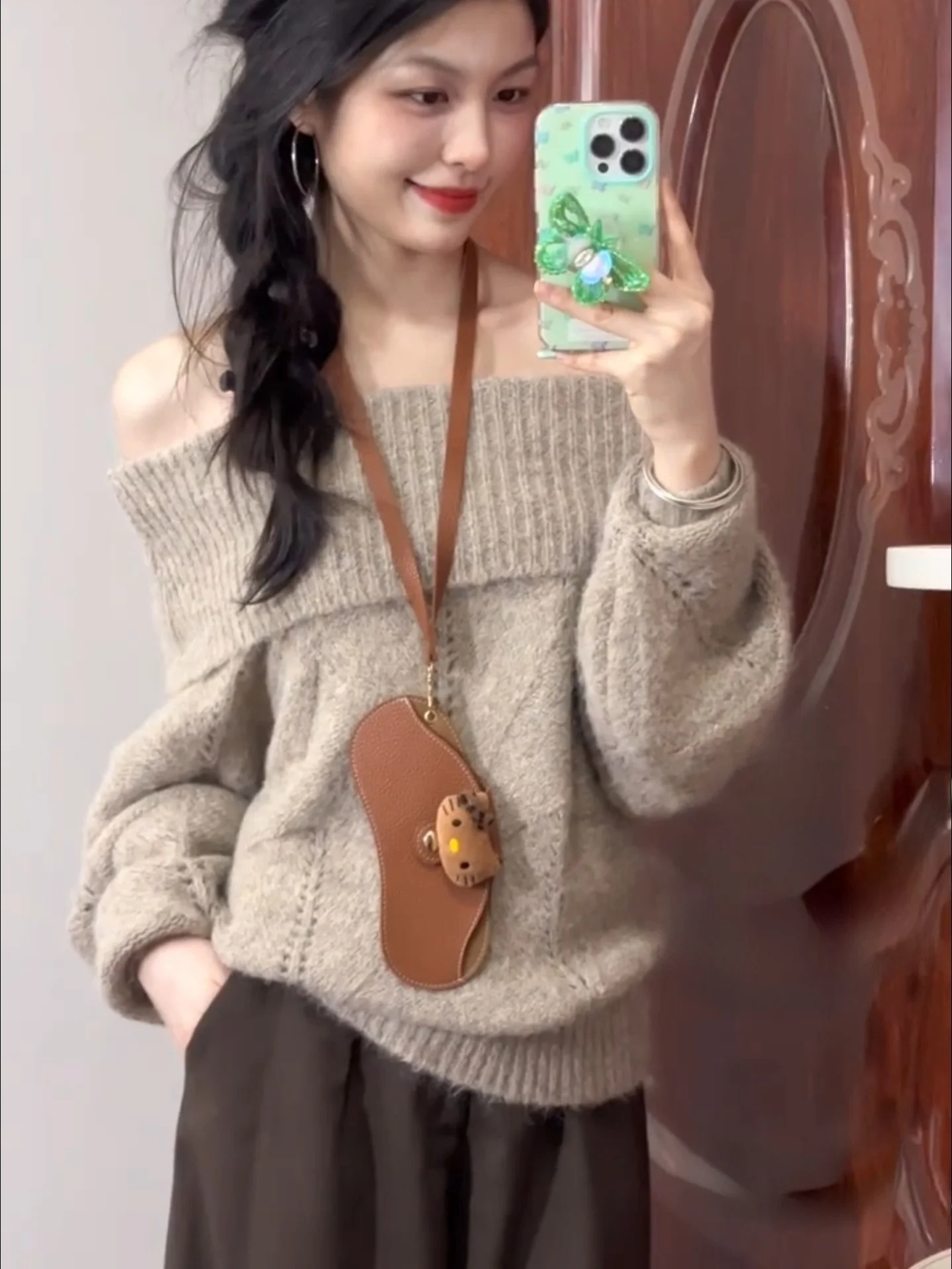 Damen Loose Fit Oulder Bared Strickwaren Soft Thiened Herbst Winter Long Sve One Word Oulder Sle Schlankheitsoberteil