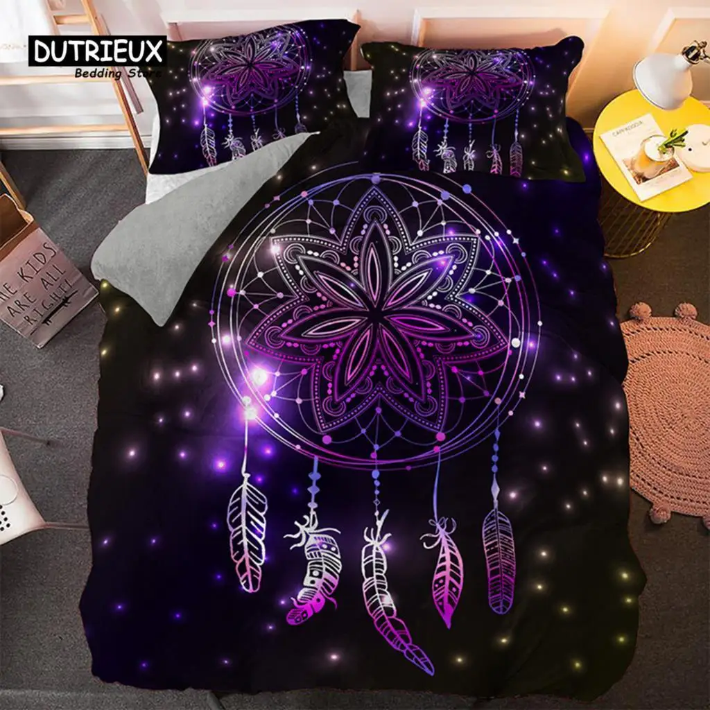 

Psychedelic Bohemian Dreamcatcher Bedding Set Mandala Purple Feather 3D Print Duvet Cover For Kids Girls Woman With Pillowcases