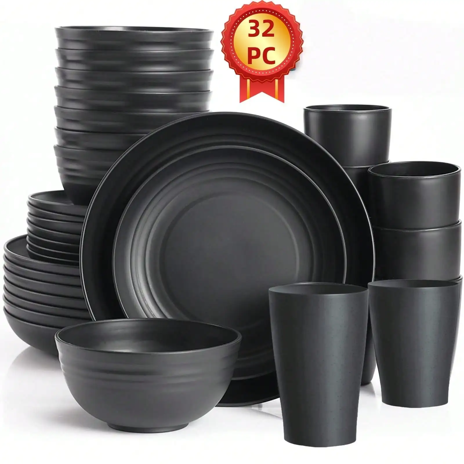 

32-Piece Wheat Straw Dinnerware Set (Serves 8) - Unbreakable, Lightweight (Indoor/Outdoor, Black)