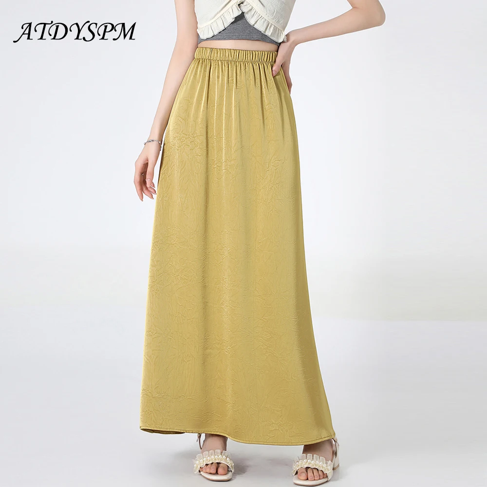 

New 2024 Spring Summer Elastic High Waist Women Satin Skirts Fashion A-Line Long Skirt Vintage Streetwear Casual Female Skirts
