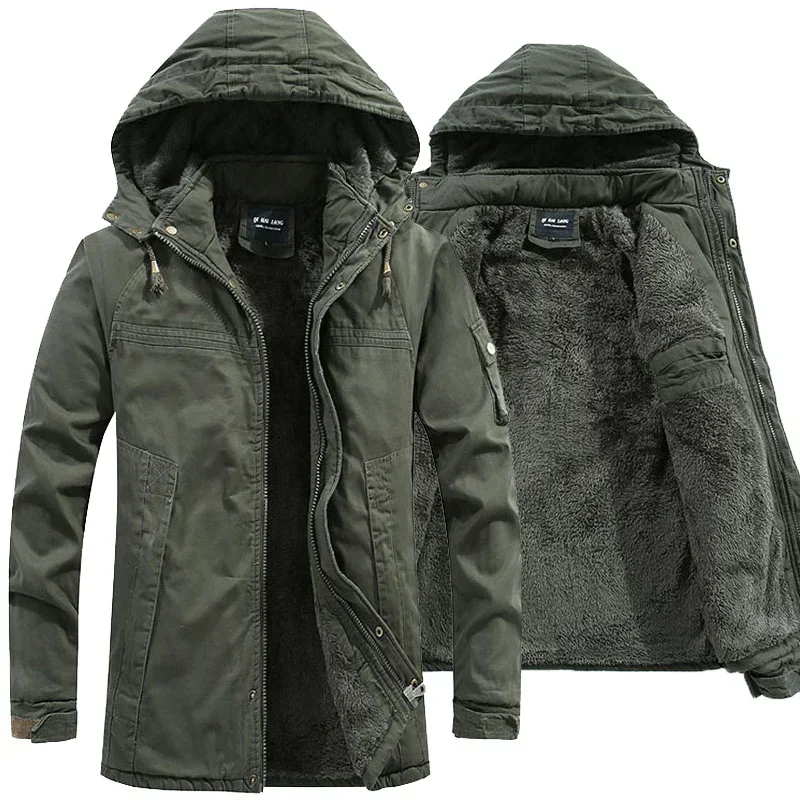 

Parkas Coat Military Windproof Hooded Jackets Man Washed Cotton Thick Fleece Casual New Winter Warm Varsity Jacket Men