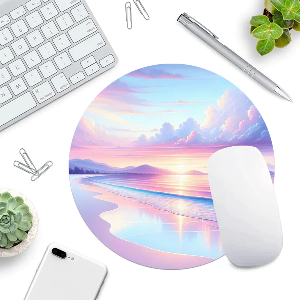 Round Mouse Pad Aesthetic Beach Desk Pad Art Design Rubber Mousepad Aesthetic Desk Accessory for Office Laptop Computer