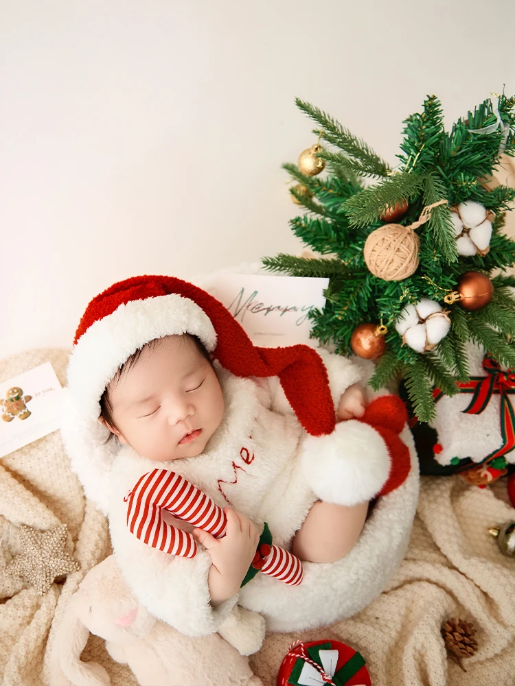 المهنية الطفل عيد الميلاد موضوع التصوير الدعائم مجموعة سانتا الزي + قبعة قصب الحلوى هدية صغيرة صندوق ديكور لالتقاط الاستوديو الوليد #4