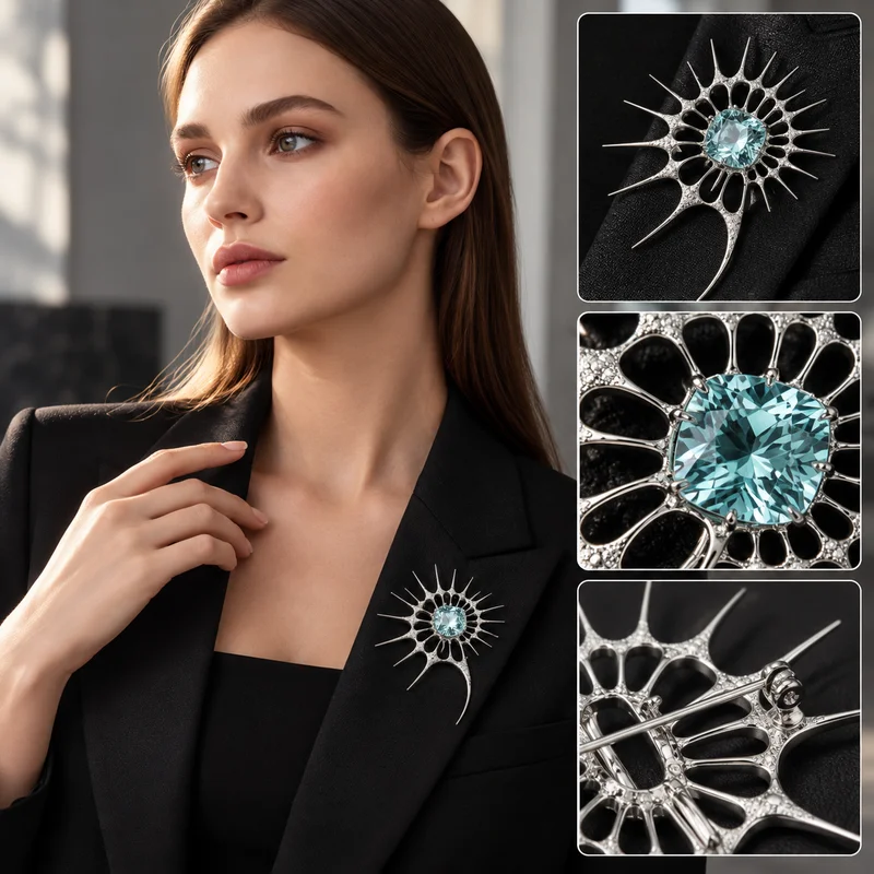 Luxury Exaggerated Abstract Brooch Pin, Spiky Rhinestone Gothic Punk Lapel Pin, Statement Jewelry For Coat Jacket Bag Dress