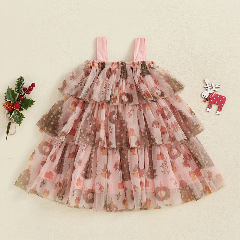 Little Girl Christmas Cake Dress Wreath Print Sleeveless Spaghetti Strap Tulle A-Line Dress