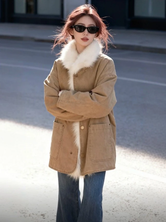 

Высококачественная свободная посадка в стиле ретро, хлопковая верхняя одежда Jaet Ele для женщин, зимняя модная деталь на пуговицах, чистый цвет