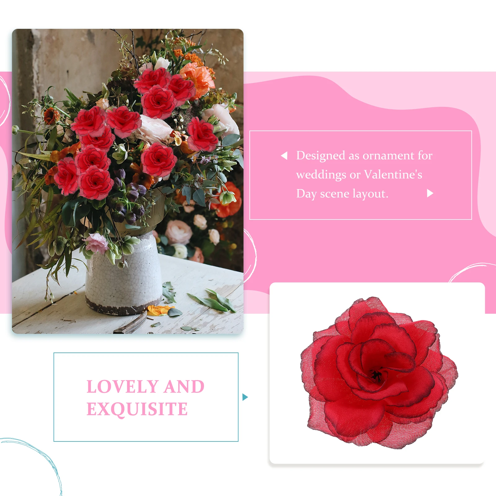 

50Pcs Simulation Rose Heads Wedding Fake Rose Decoration DIY Silk Flower Ornament Romantic Garland Making Wedding Scene