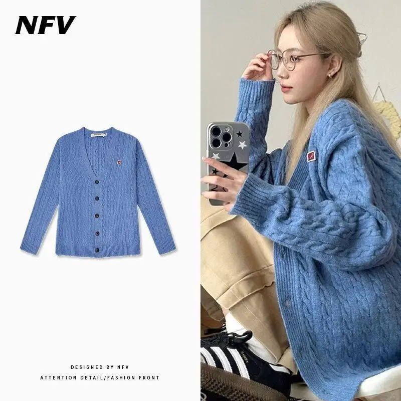 

Sweater Knitwear Women's American Retro Blue V Neck Knit Sweater Women Spring Autumn Korean Style Gentle Slim High End Cardigan