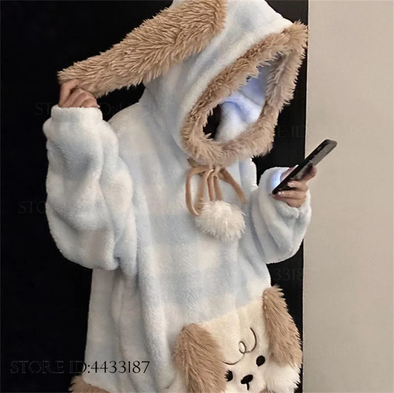 Autumn Winter New Flannel 2PCS Pajamas Set Cute Cartoon Hooded Pijamas Suit Sleepwear Loose Coral Fleece Homewear Loungewear