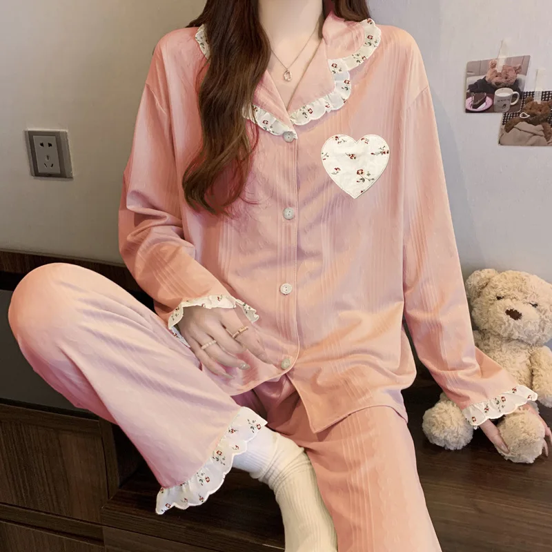 

Women's Pajamas Spring and Fall Lace Long Sleeve Set with Floral Love Fairy Style Ladies Comfortable Sleepwear Home Clothes