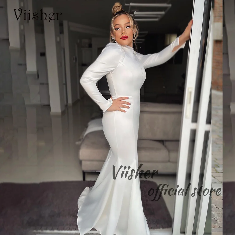 

Viisher White Satin Mermaid Wedding Dresses Full Sleeve High Neck Bodycon Bride Dress Long Beach Boho Bridal Gowns