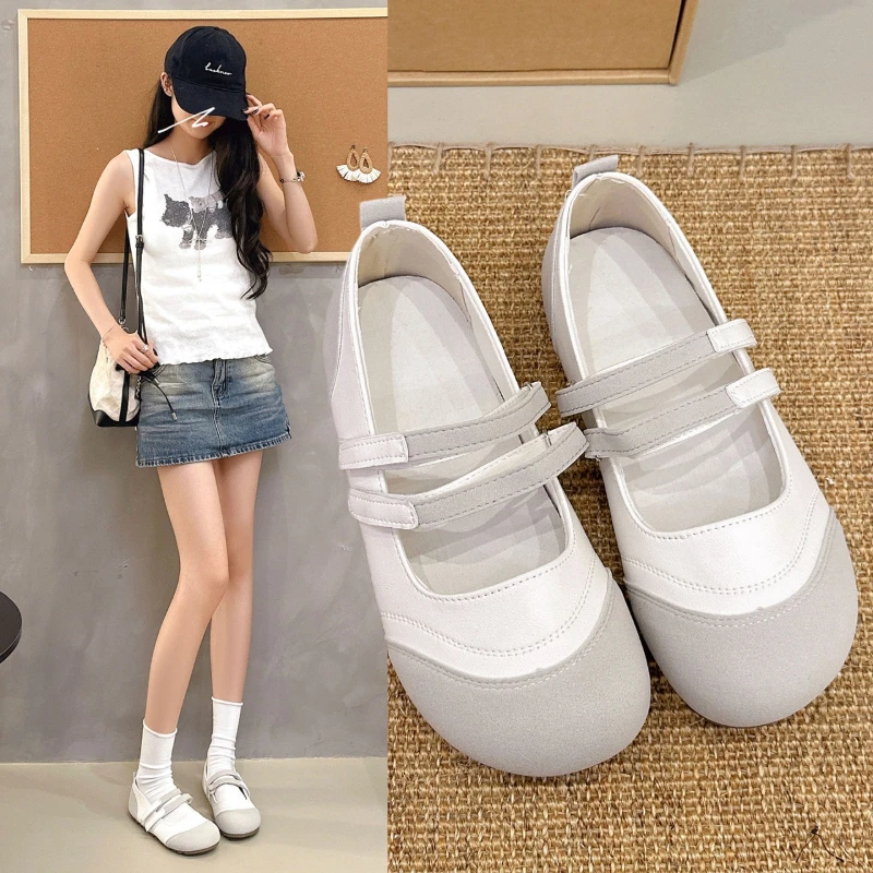 Two Tone Patchwork Double Strap Mary Jane Flats Women Round Toe Slip on Lightweight Casual Daily Walking Ballet Shoes