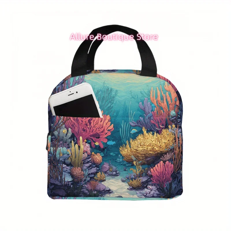 1pc Coral Reef Underwater Themed Lunch Bag for Adults - Small Square -Friendly Lunchbox Carrier with Marine Life Print, Soft Han