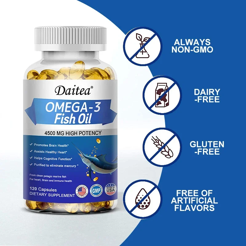 Daitea Fish Oil Omega 3 - Holistic Health Supplement - Immune System Health Supplement 4500mg Easy to Swallow