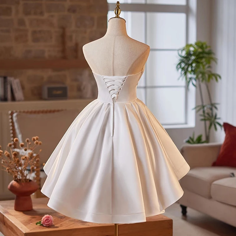 AnXin SH princesa satén blanco sin tirantes sin mangas volantes encaje hasta novia fiesta corto vestido de noche personalizado pequeño vestido blanco