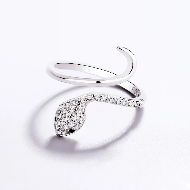 Sole Memory Ins Antique Zircon Shining Snake Cool 925 Sterling Silver Female Resizable Opening Rings RI1190