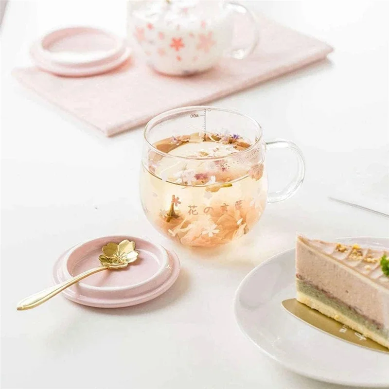 400Ml Creative Sakura Glass Coffee Mug Cute Transparent Cup Heat-Resistant Water Cup With Handle Lid Spoon ,D