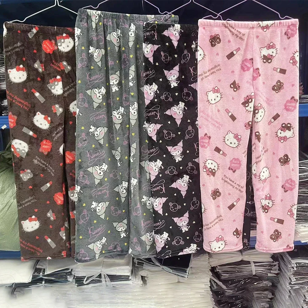 Sanrioed Y2K Hello Kitty mujeres pantalones de casa Anime Kawaii dibujos animados invierno pantalones de pijama de felpa cálido grueso lindo dulce chica regalo suave