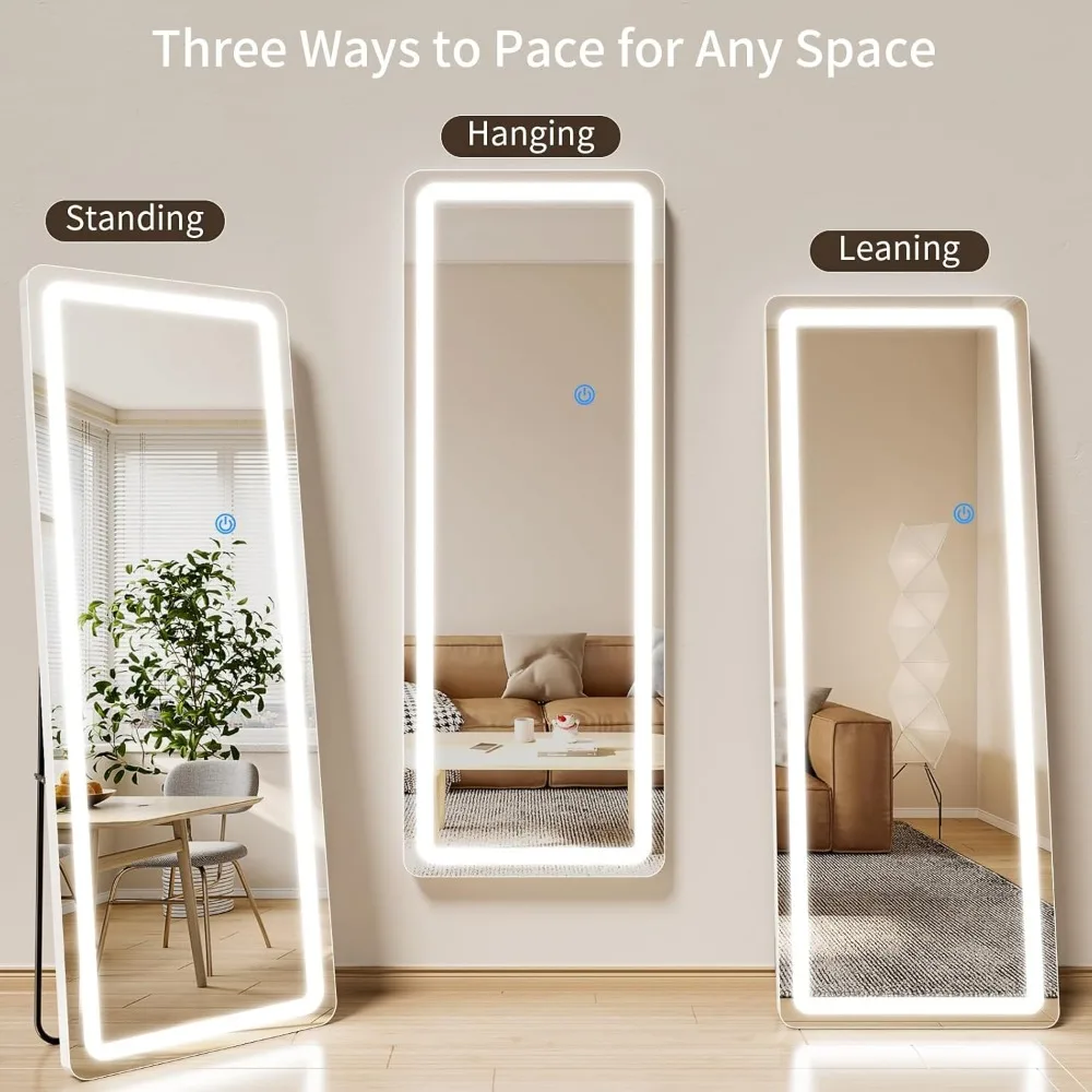 LED-verlichte vloerspiegel over de volledige lengte, 71 x 30 met afgeronde hoeken, 3-kleuren dimbare verlichting, volledige spiegelstandaard