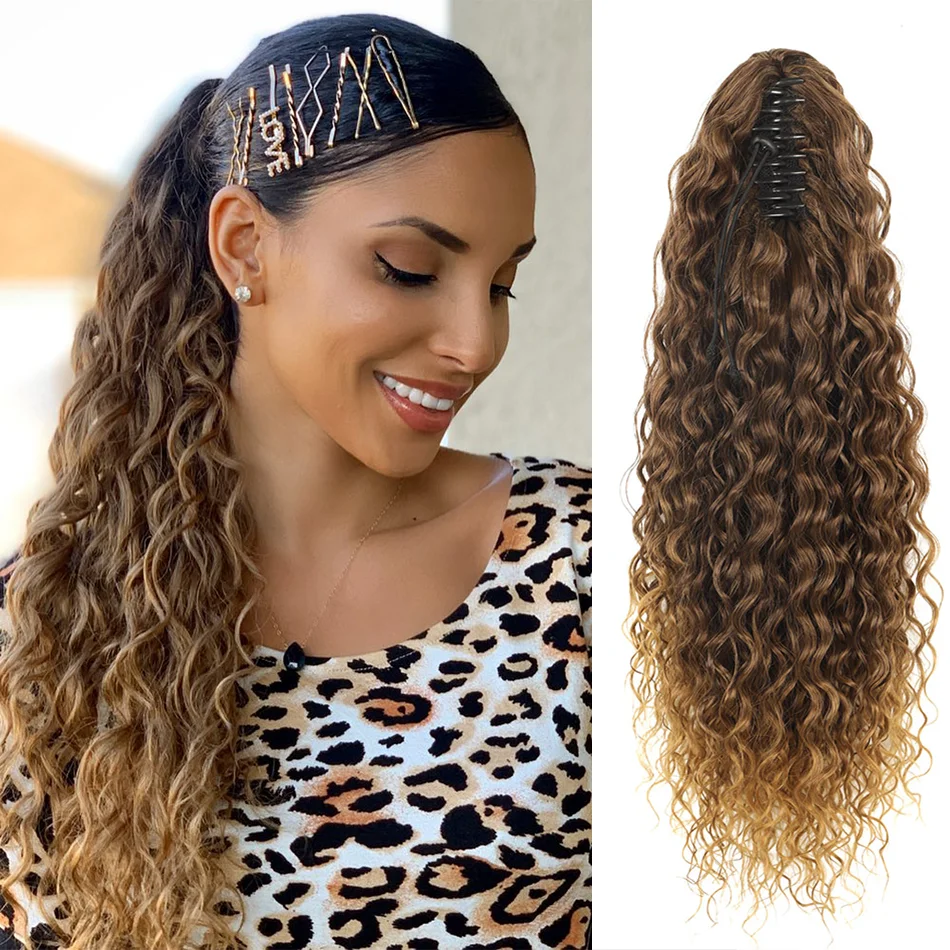 BOL Curly Wavy Ponytail Hair Extensions Synthetic Claw Clip On Ponytail Hair Extensions For Women Ombre Brown Hairpiece