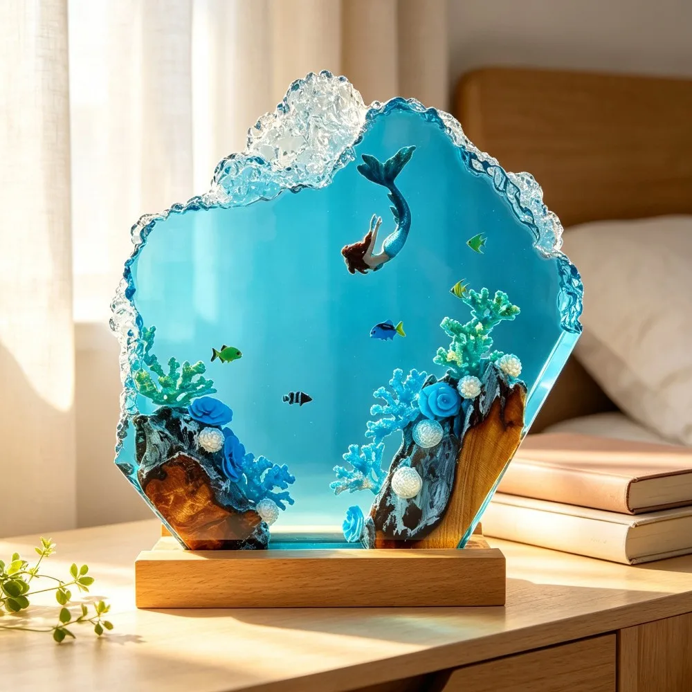 Deep Sea Mermaid Epoxy Sculpture Ornament Solid Wood Resin Luminous Home Decoration Crafts Exquisite Gifts