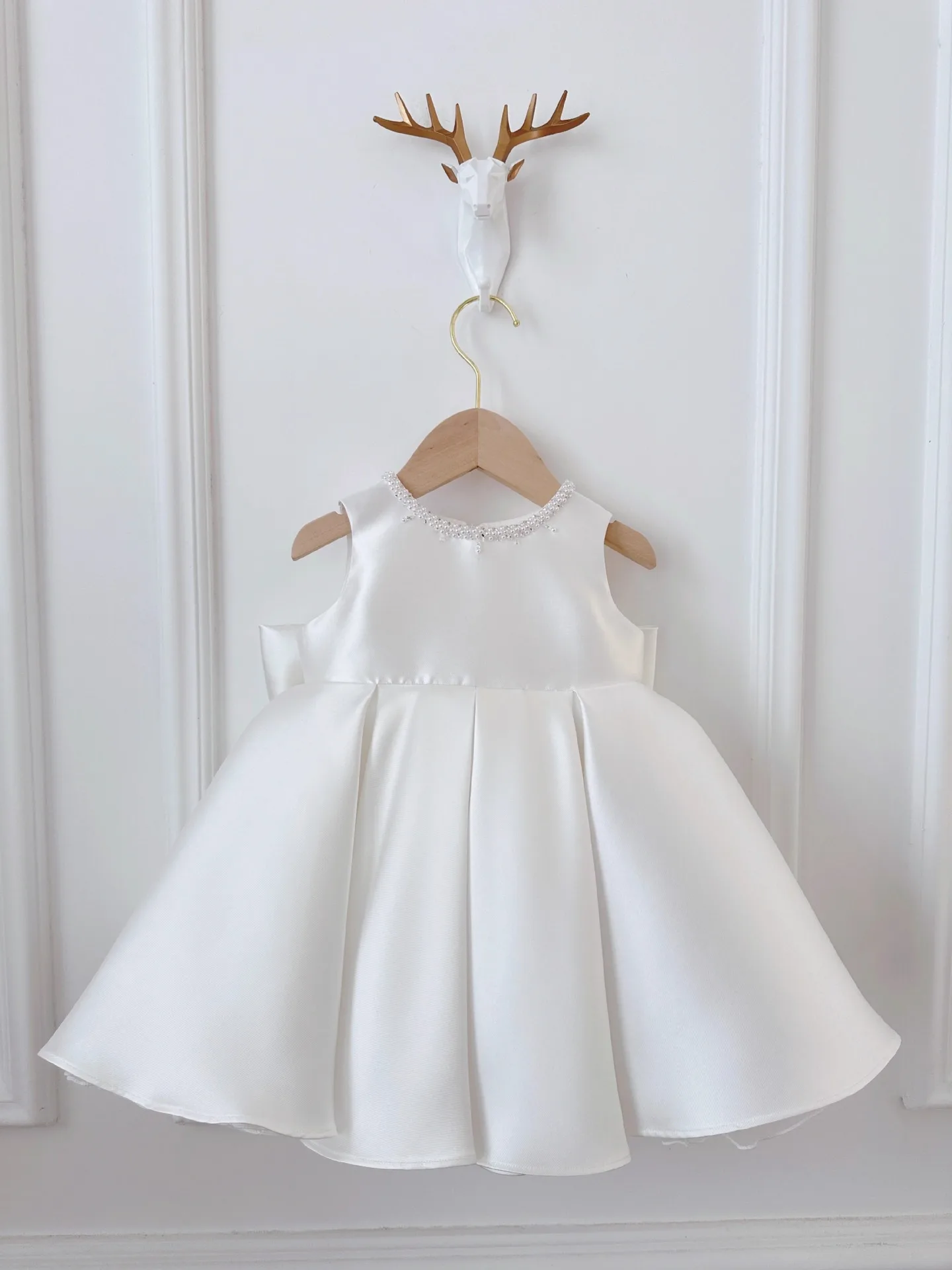 Baby Girl Princess Pearl Silk Dress Cloak Infant Toddler Vintage Bow Vestido Party Birthday Baptism Frocks Baby Clothes 1-7Y