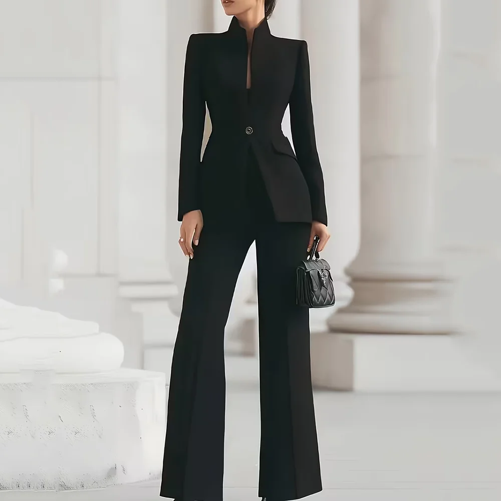 Women's Black 2 Piece Suit Set Fashion One Button Blazer Pants Stand Collar Formal Office Party Prom Wedding Female Tuxedo