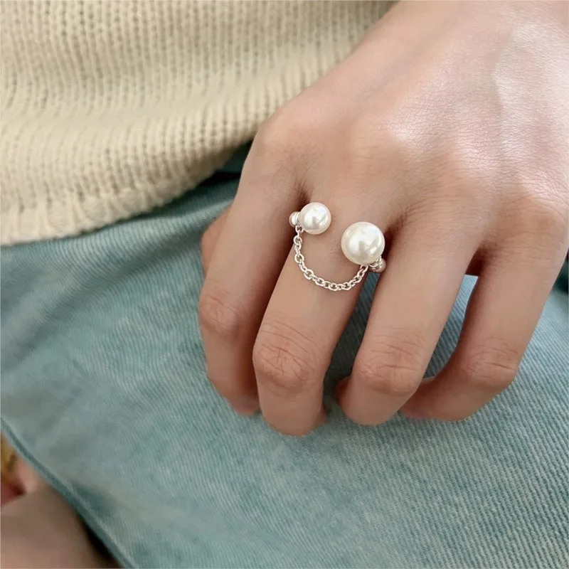 PANJBJ 925 Sterling Silver Pearl Geometry Ring For Women Chain Open Fashion Sweet Tassel Jewelry Party Gift Dropshipping