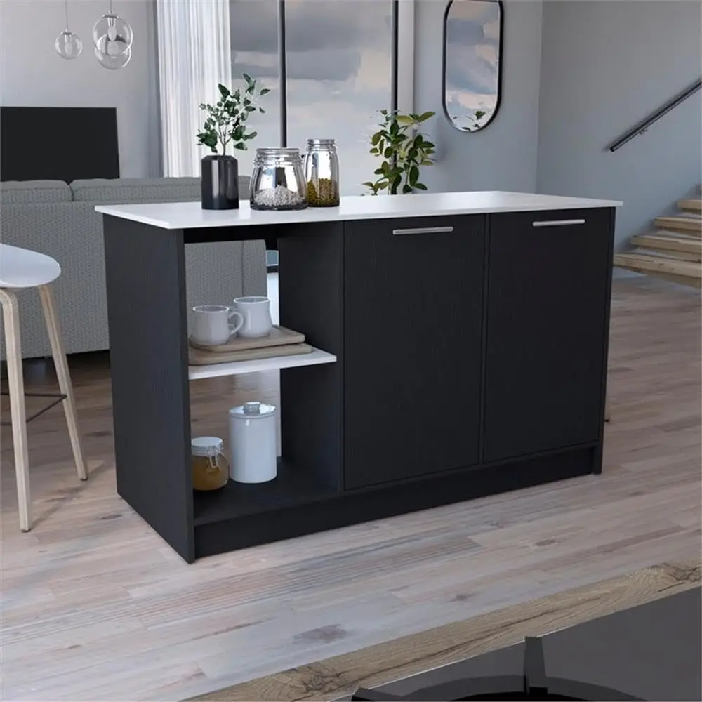 Kitchen Island Storage 2 Doors 2 Shelves Open Shelf Counter Height 59x25.2x35.4 In Black Marble, Customized