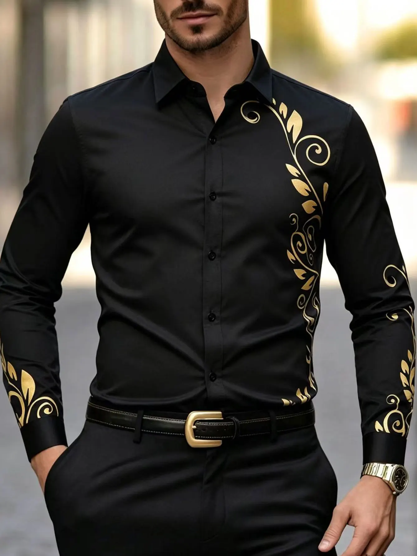 Men's Fashion Gold Print Shirt, Long Sleeve Casual Stylish Shirt, Men's Clothing, Comfortable and Trendy, Perfect for Daily Wear
