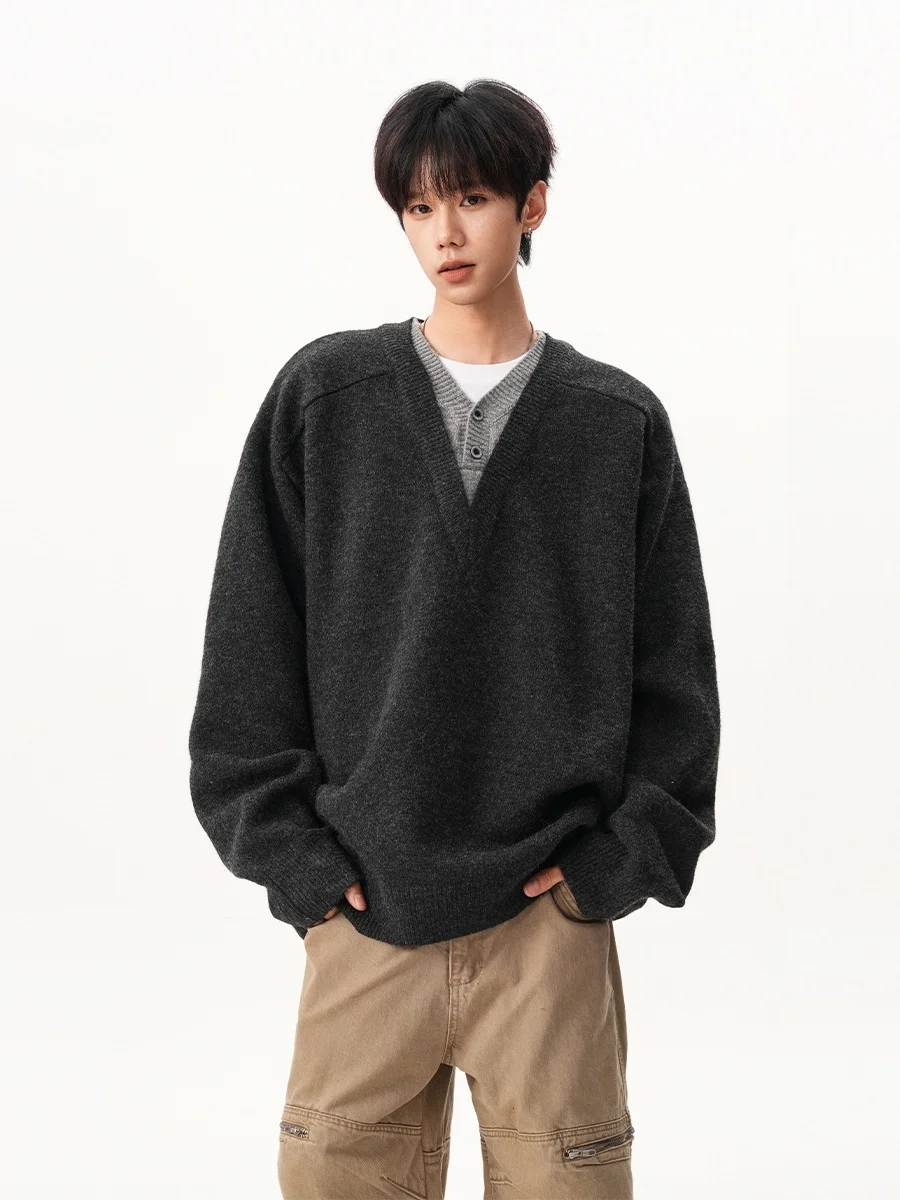 

Extra Large 300 Pou Faionable Casual Versatile V-Ne Knitwear ex Autumn Winter Trendy Loose Sweater Button Closure ...