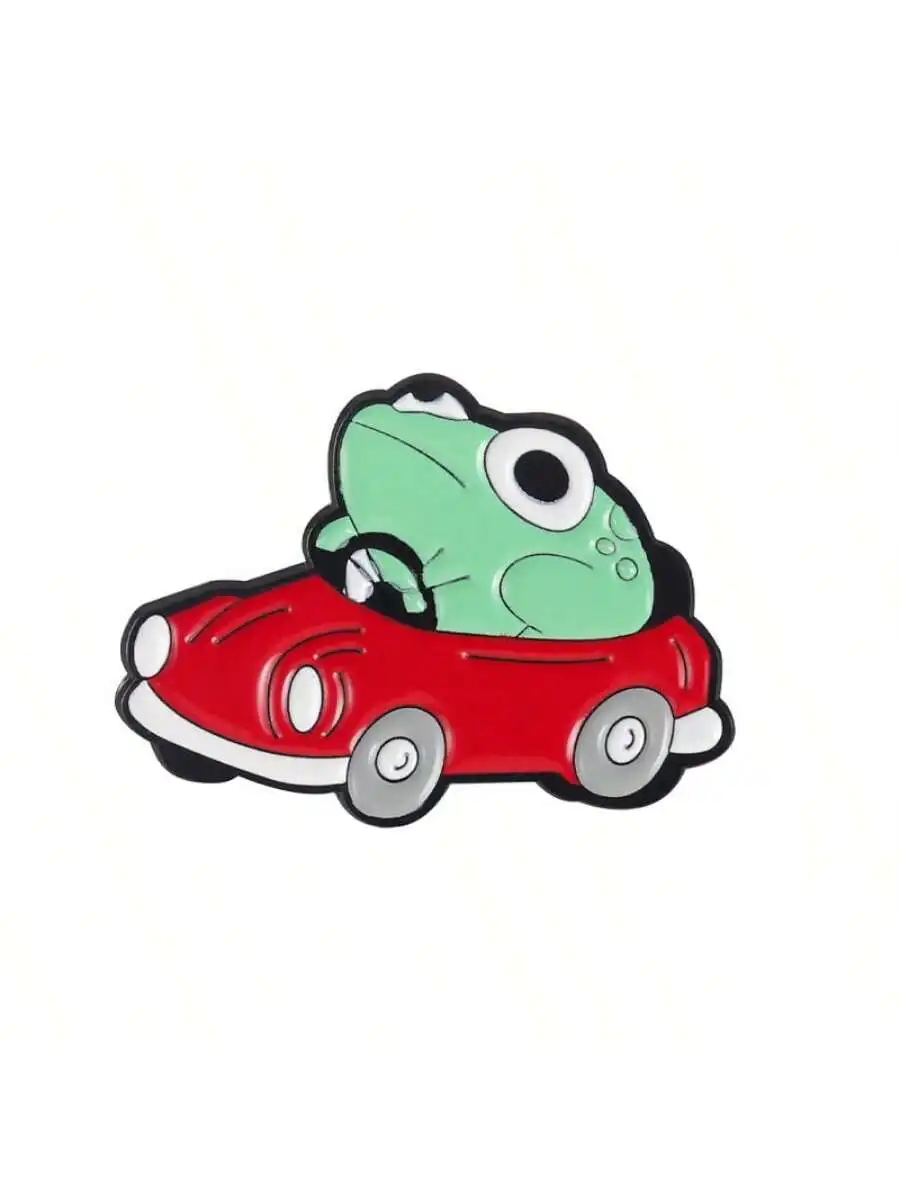 6PCS Cute Cartoon Naughty Little Frog Driving Red Small Car Creative Drip Oil Alloy Brooch Bag Clothes Accessories Girls Gift