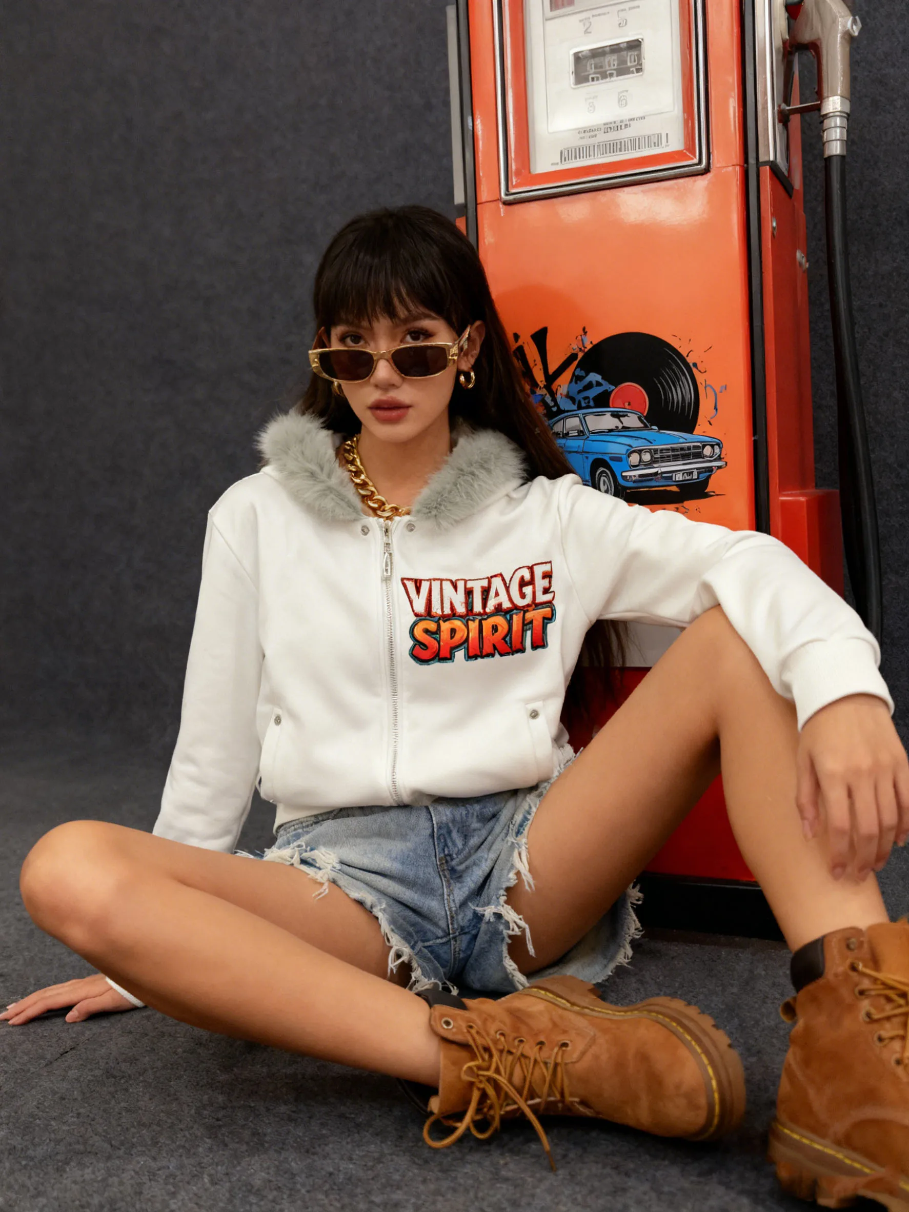 Women's Trendy Fur Trim Hoodie - Zipper Front Vintage Car & Vinyl Print Jacket, Cropped Street Style Top Spring Autumn Winter