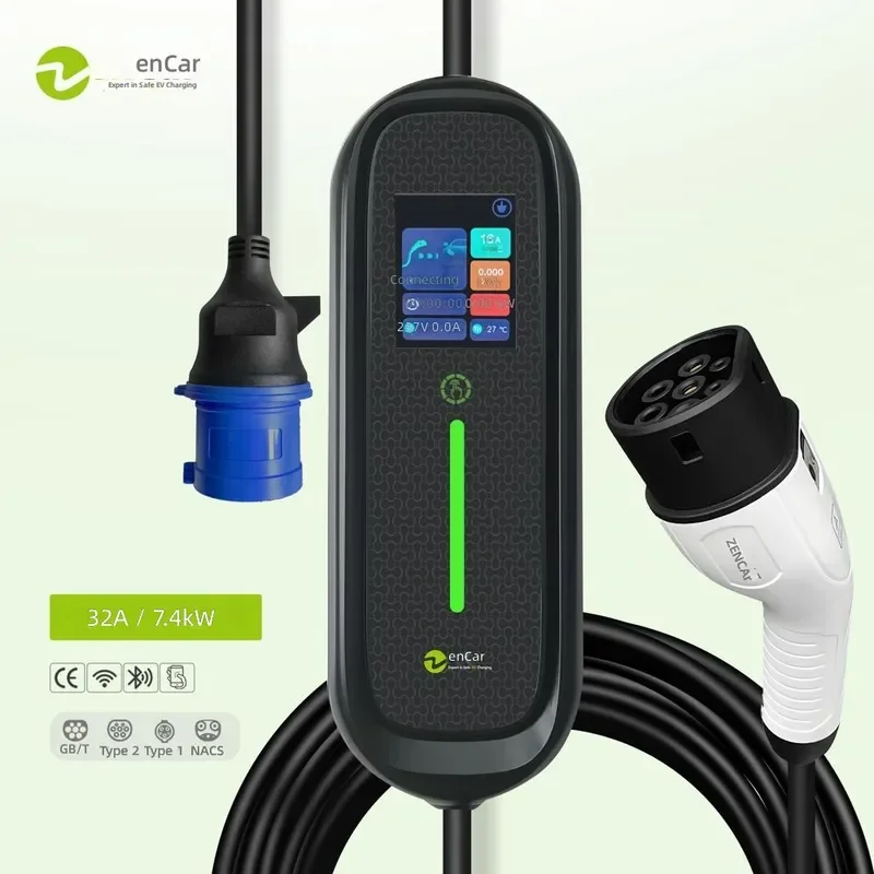 7kW 32A Type 2 Portable EV Charger Smart WiFi APP Adjustable for Electric Car with Blue CEE Plug Big Screen ZenCar