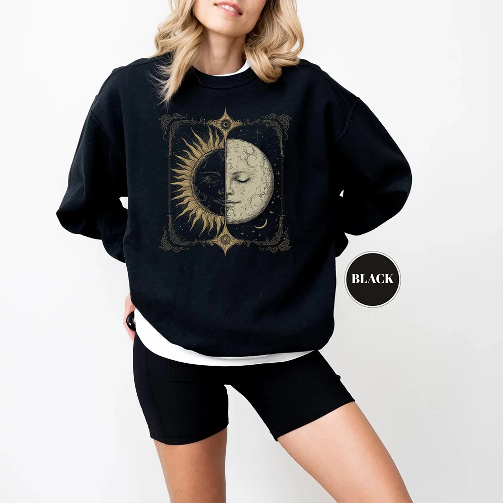 

Мистический свитшот с изображением небесного солнца и луны, винтажная одежда в стиле хиппи, богемный флисовый свитшот с круглым вырезом и длинными рукавами, повседневная