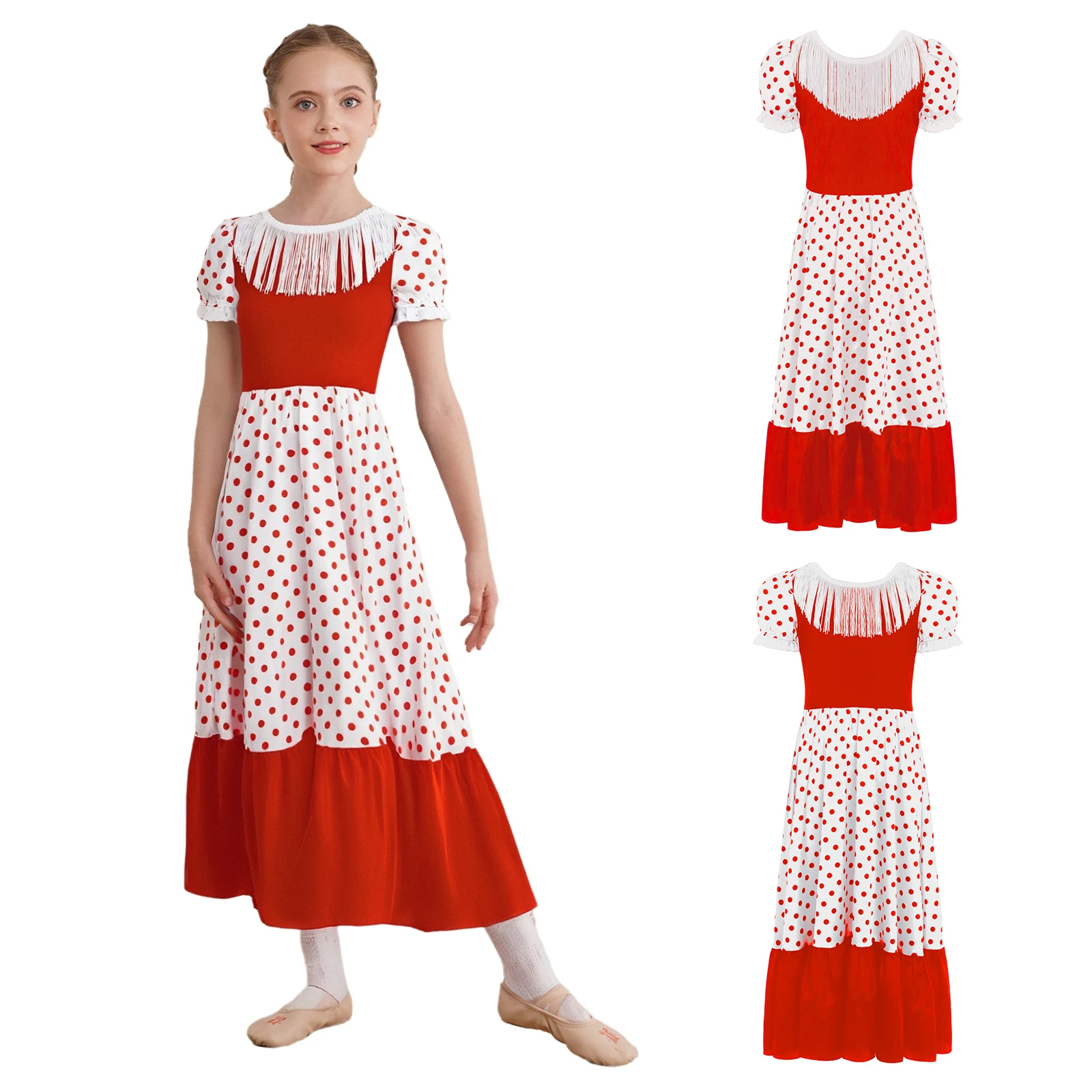 Crianças meninas dança de flamenco halloween desempenho traje borlas mangas curtas puff pontos cor bloco vestido para palco mostrar festa